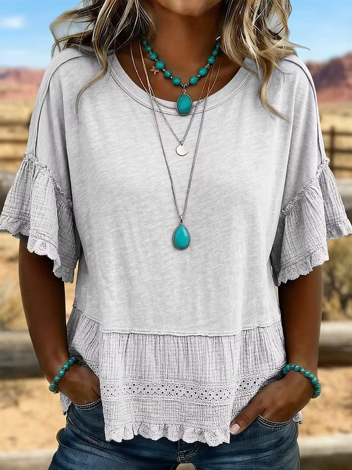 Women'S Retro Art Solid Color Splicing T-Shirt