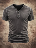 Men'S Casual Washed Spliced Cotton And Linen Henry Button Top