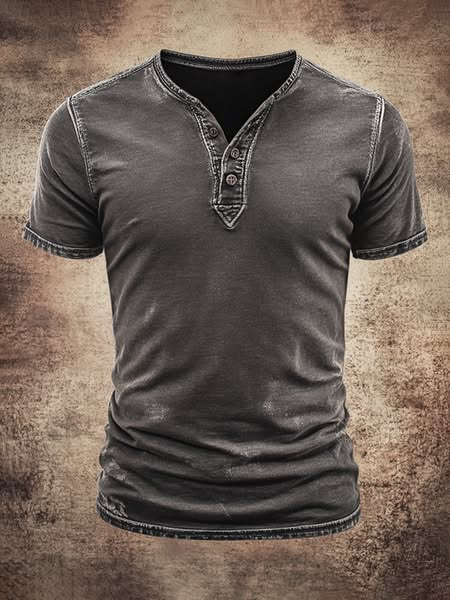 Men'S Casual Washed Spliced Cotton And Linen Henry Button Top