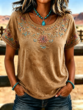 Women'S Casual Flower Western Cotton And Linen Top
