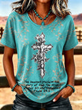Women's Western Cross Print Casual T-Shirt