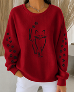 Women'S Cat Paw Print Casual Round Neck Long Sleeved Sweatshirt