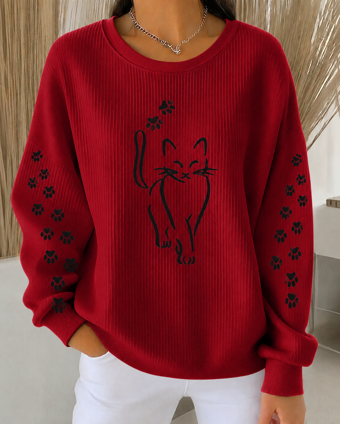 Women'S Cat Paw Print Casual Round Neck Long Sleeved Sweatshirt