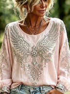 Women's Cotton-Linen Floral Top with Vintage Wing and Cross Print