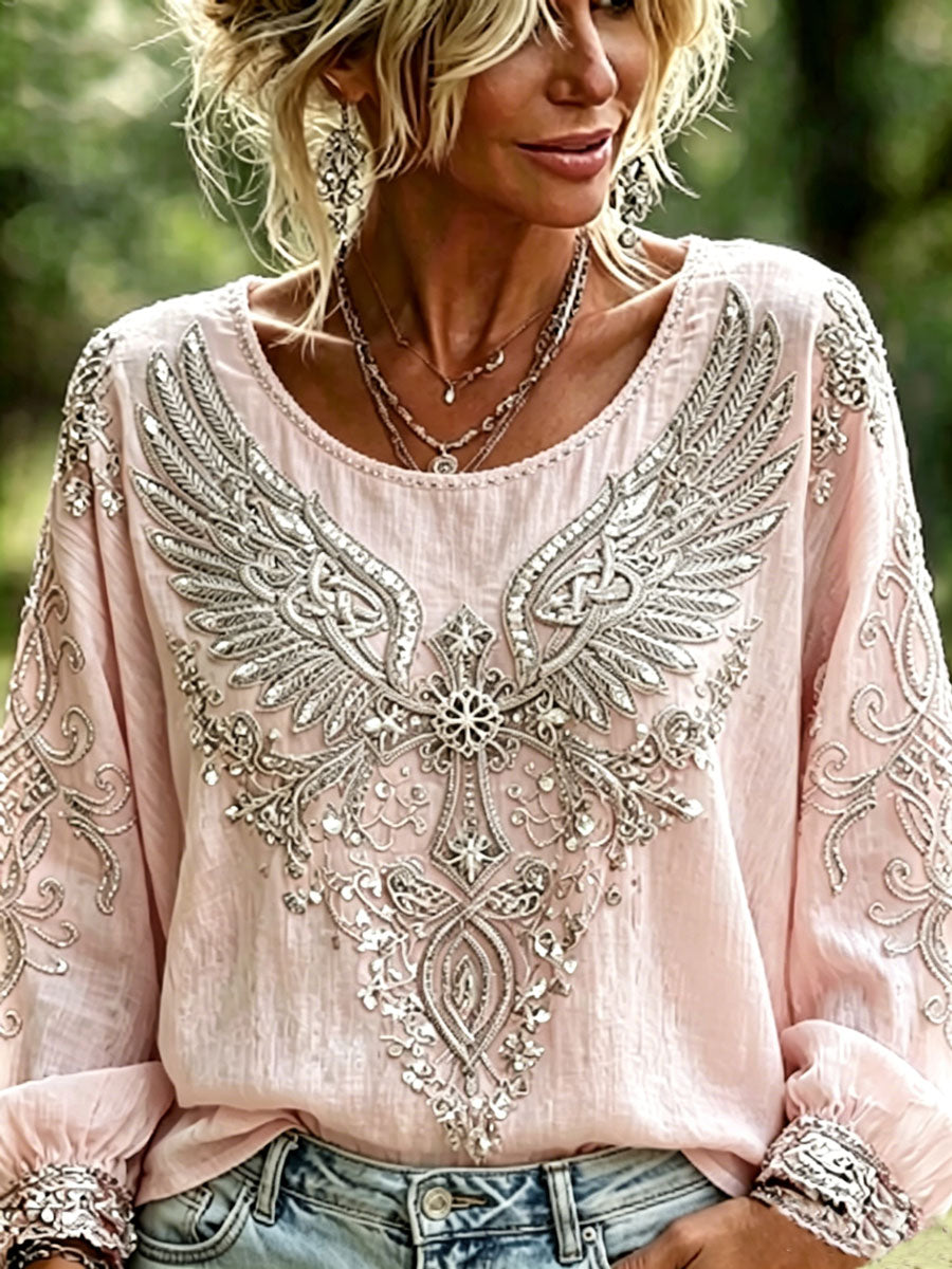 Women's Cotton-Linen Floral Top with Vintage Wing and Cross Print