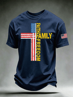 Men's Faith Family Freedom Distressed American Flag Cross Crew Neck Casual Short Sleeve Patriotic T-Shirt