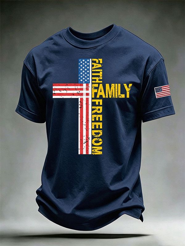 Men's Faith Family Freedom Distressed American Flag Cross Crew Neck Casual Short Sleeve Patriotic T-Shirt