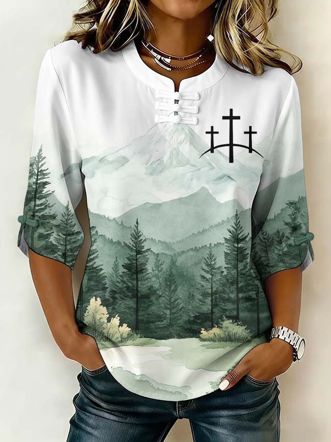 Women'S Retro Faith Printed Cotton And Hemp Design Casual Top
