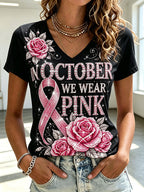 Women'S Breast Cancer Ribbon Printed V-Neck T-Shirt