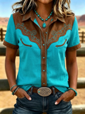 Women's Vintage Cowgirl Down Country Concert Short Sleeve Tops Shirt