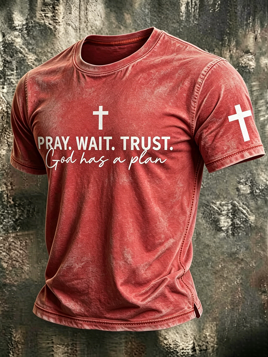 Faith Cross Slogan Commemorative Printed Round Neck T-Shirt