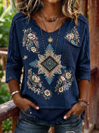 Women's Boho Aztec Floral Print Woven Patchwork 3/4 Sleeve Top