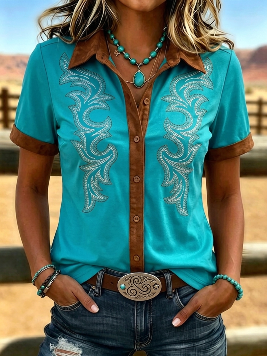 Women's Vintage Cowgirl Down Country Concert Short Sleeve Tops Shirt