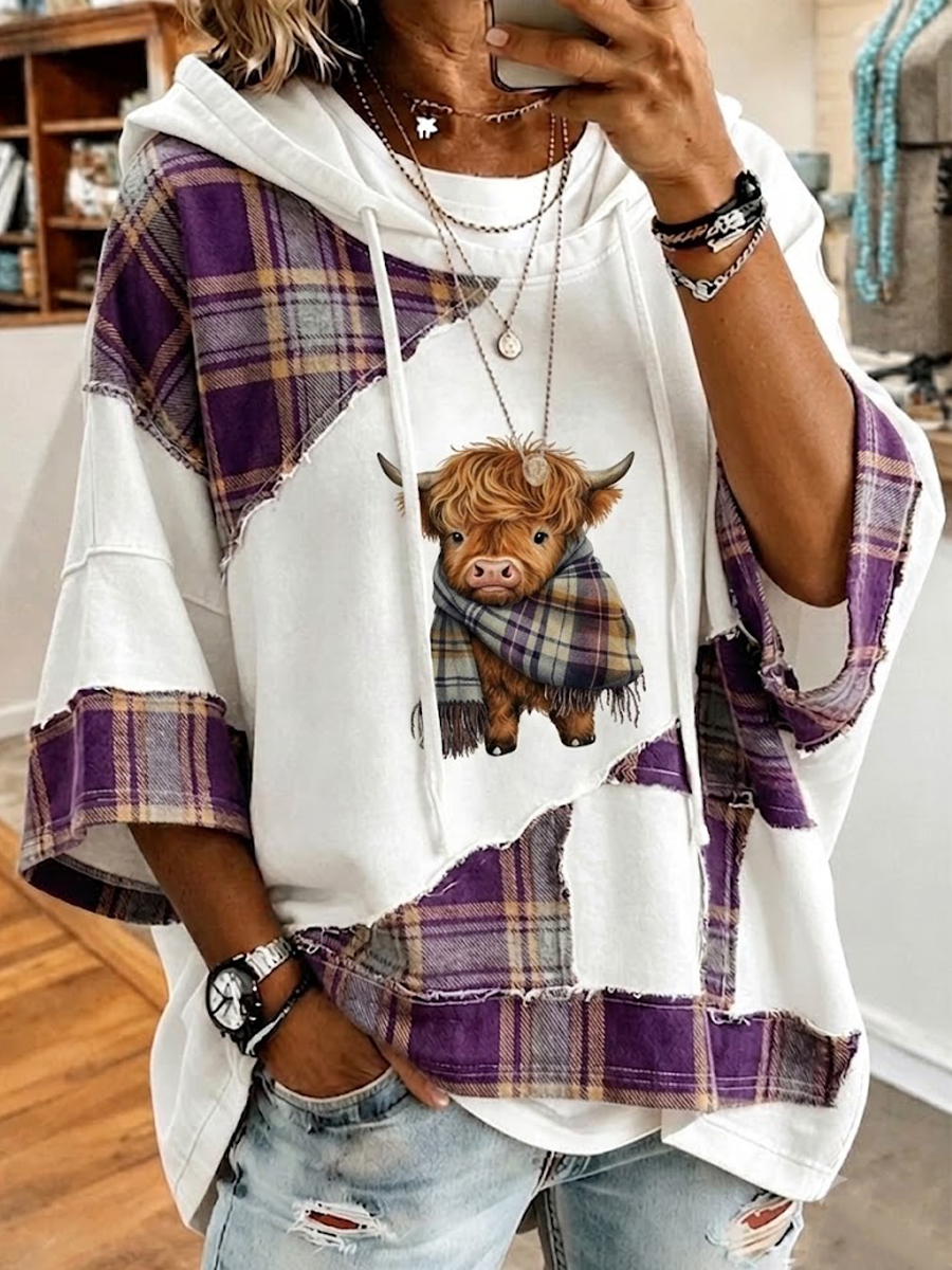 Women'S Retro Western Plaid Animal Casual Hoodie