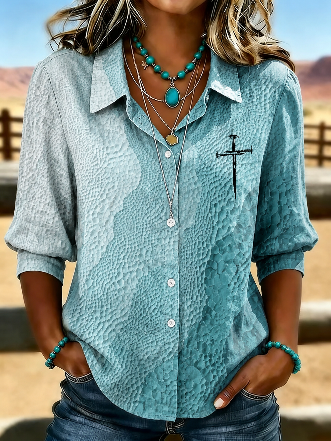 Western Style Cross Casual Bubble Sleeve Shirt