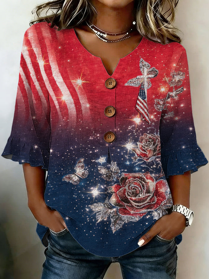 Women'S Faith Cross Flag Art Printed V-Neck Half Sleeve Top