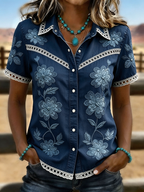 Women's Light Wash Floral Embroidered Lace Trim Western Denim Blouse