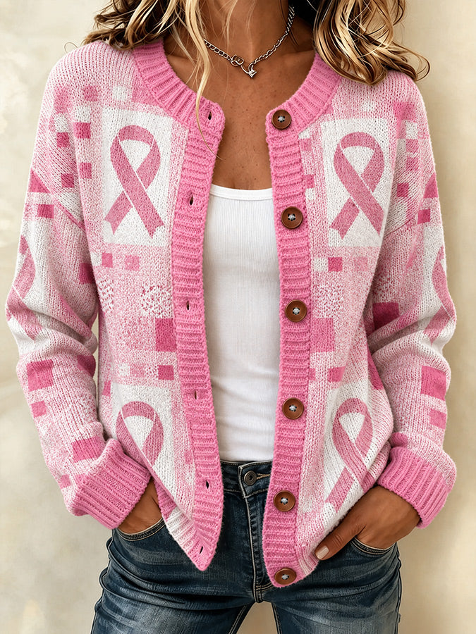 Women'S Casual Breast Cancer Knitting Cardigan Top