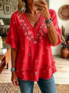 Women'S Pink Cotton Linen Flower Print Casual Tassel Shirt