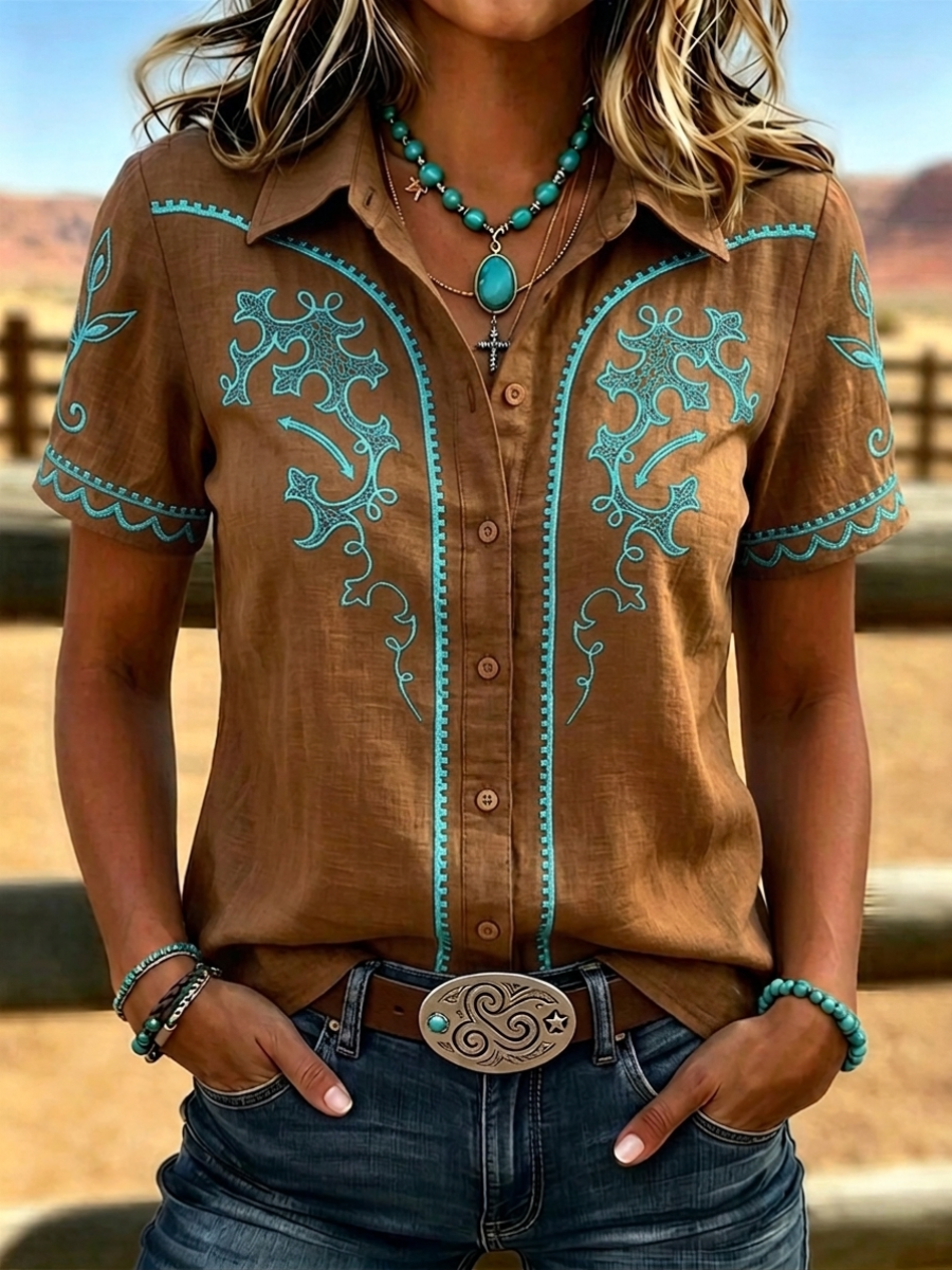 Women's Vintage Cowgirl Down Country Concert Short Sleeve Tops Shirt