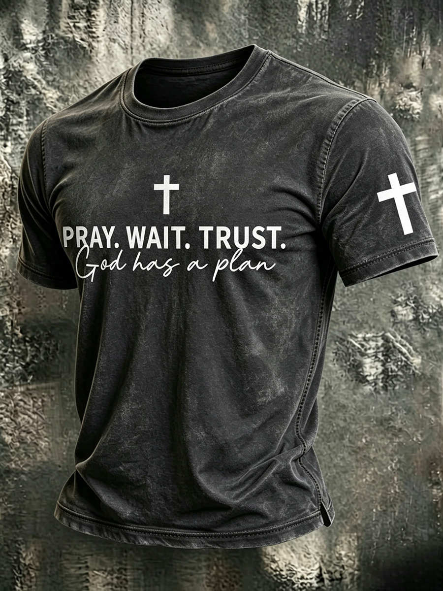 Faith Cross Slogan Commemorative Printed Round Neck T-Shirt