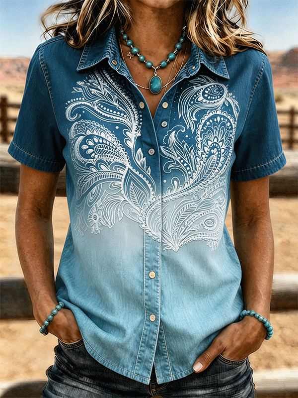 Women's Ombre White Paisley Embroidery Short Sleeve Shirt