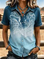 Women's Ombre White Paisley Embroidery Short Sleeve Shirt