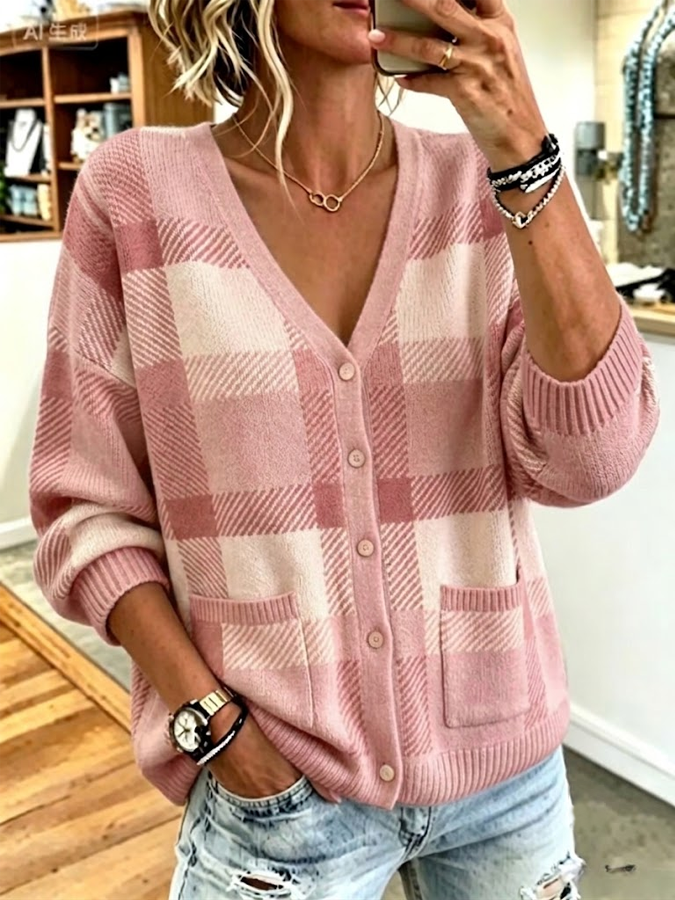 Women'S Casual Striped Grid Cardigan