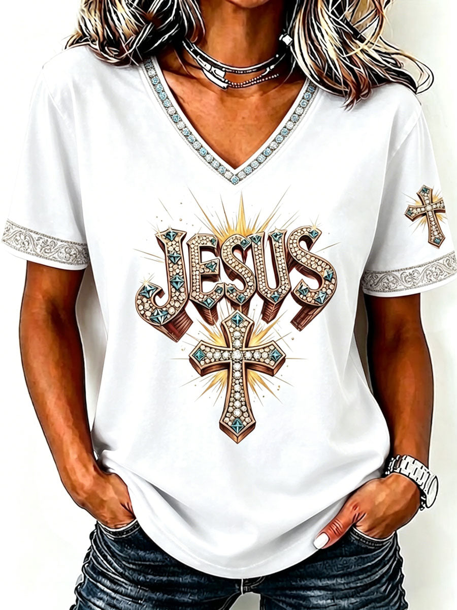 Ladies' Faith Cross Pattern V-Neck Top