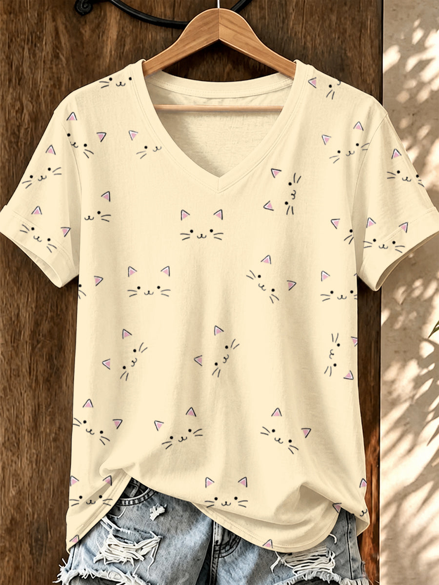Women'S Cat Printed V-Neck T-Shirt