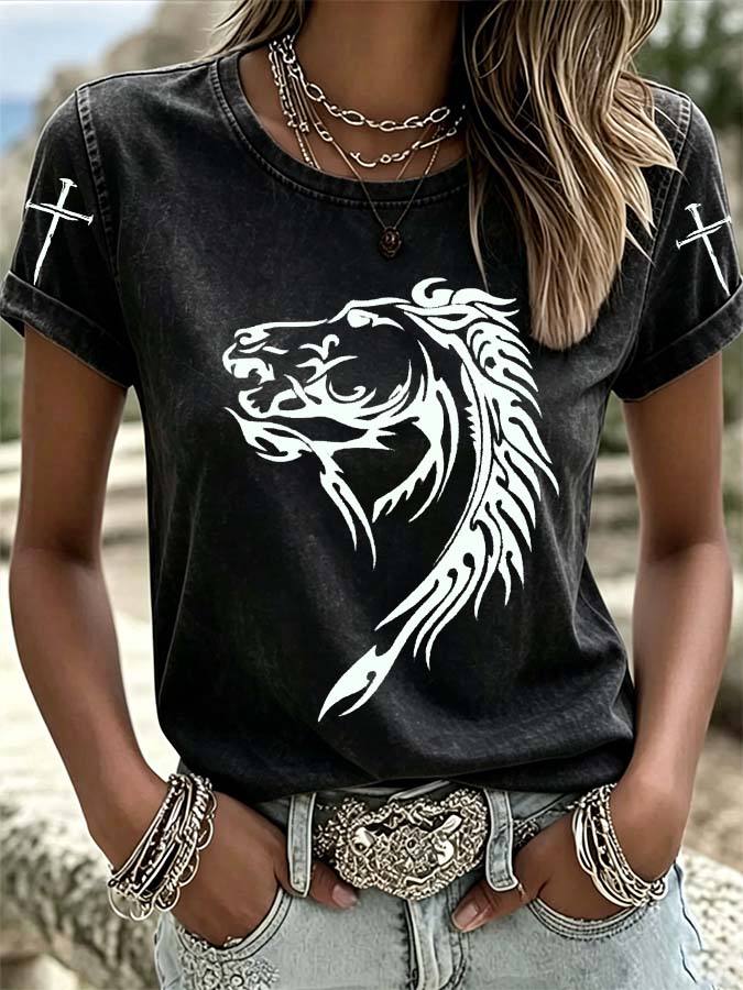 Women'S Western Style Horse Cross Casual T-Shirt