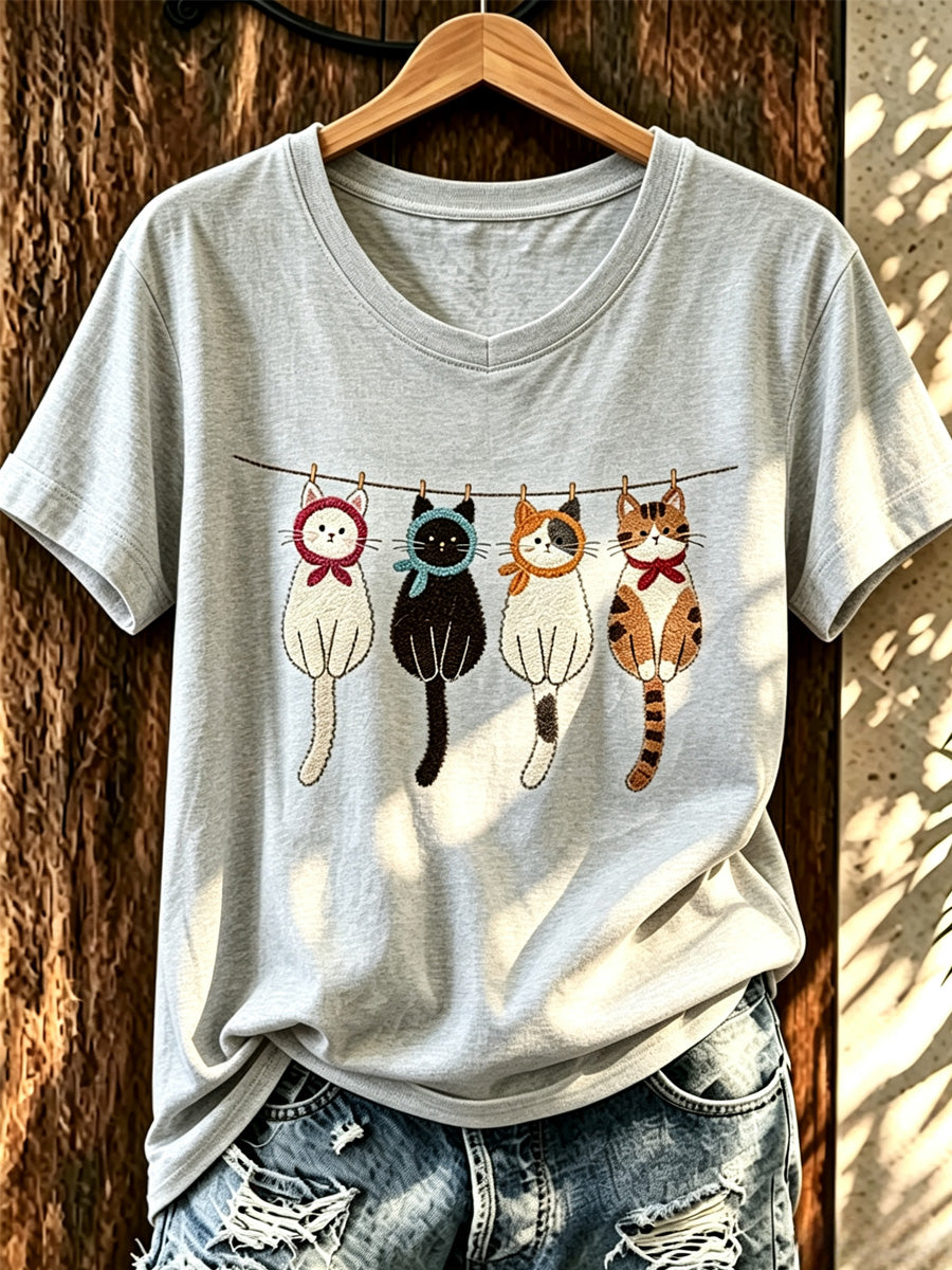 Women'S Fun Cat Printed Casual Round Neck T-Shirt