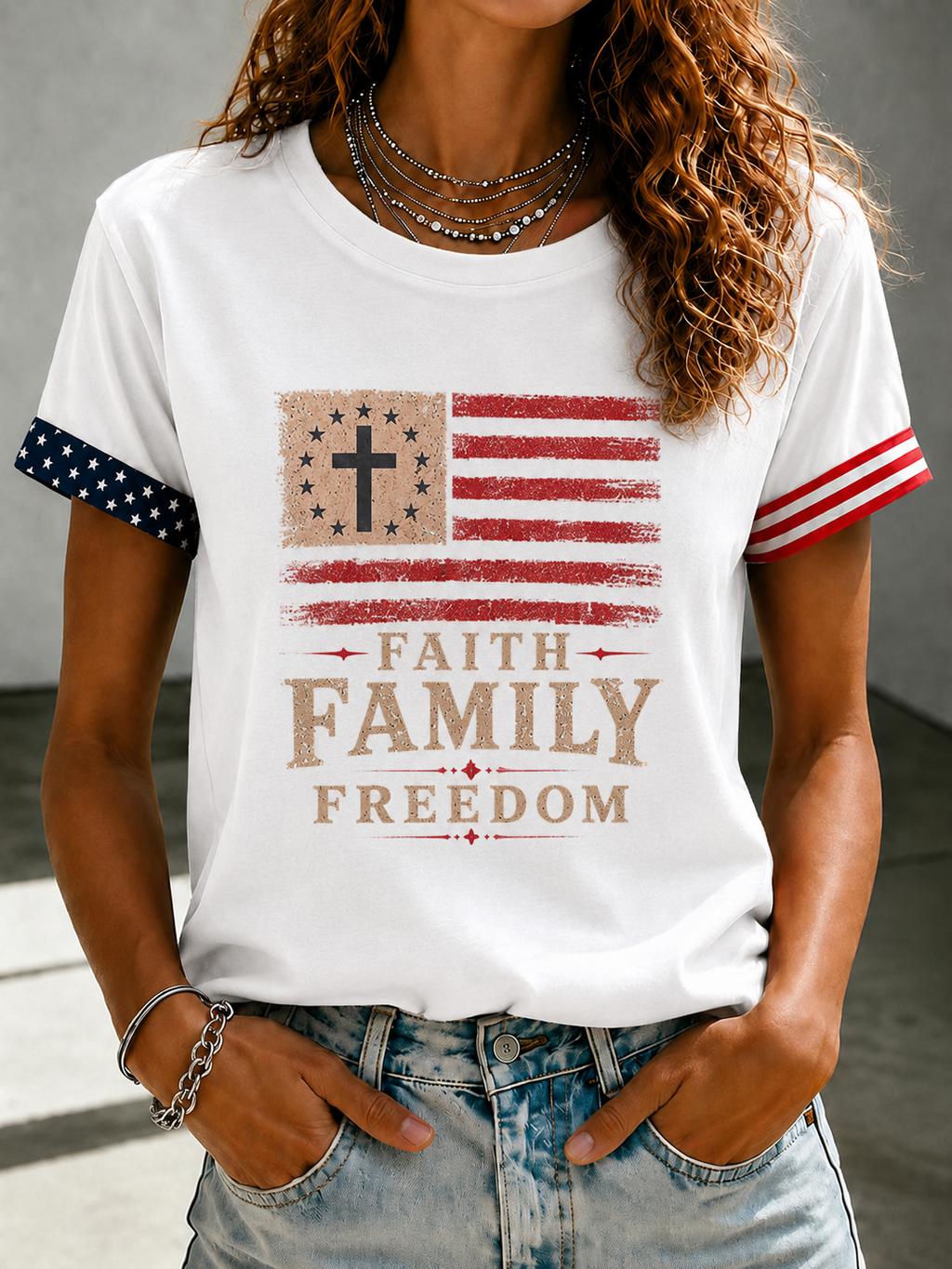 Women'S Casual Faith Family Freedom Cross Printed T-Shirt
