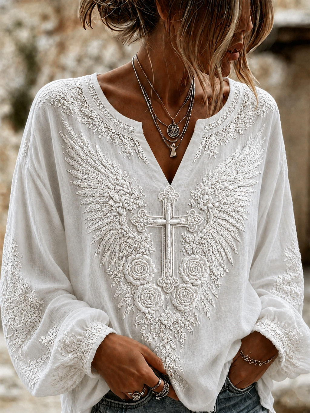 Women'S Cross Angel Wings Printed Casual Top