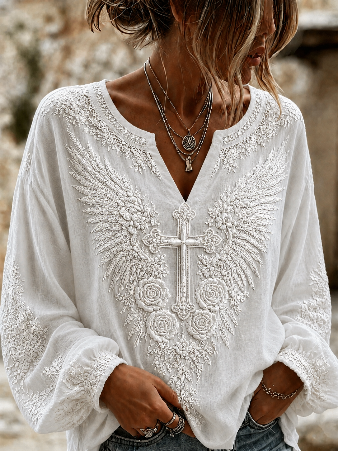 Women'S Cross Angel Wings Printed Casual Top