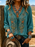 Women'S Vintage Ethnic Patterns Printed Lace Up 3/4 Puff Sleeve Western Blouse