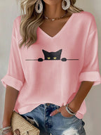 Women'S Cat Printed Waffle T-Shirt