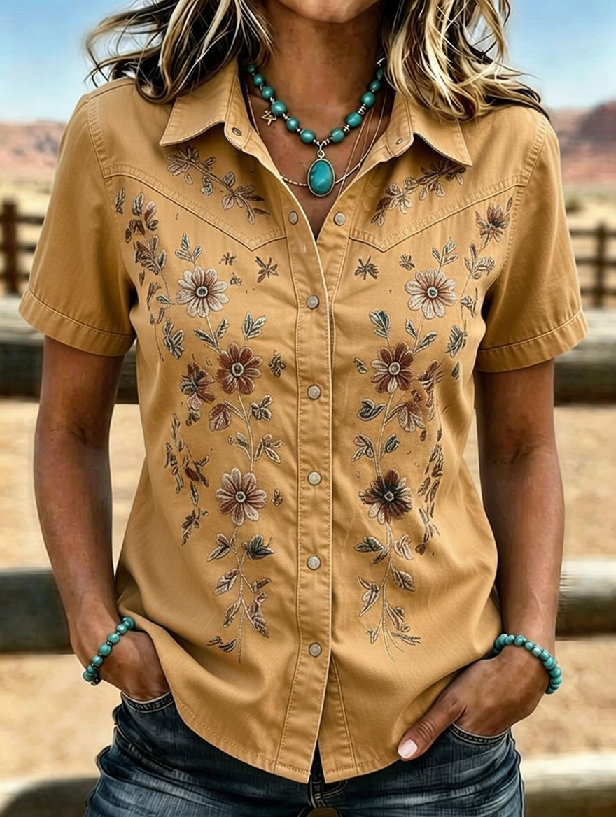 Women's Western Floral Embroidered Short Sleeve Shirt