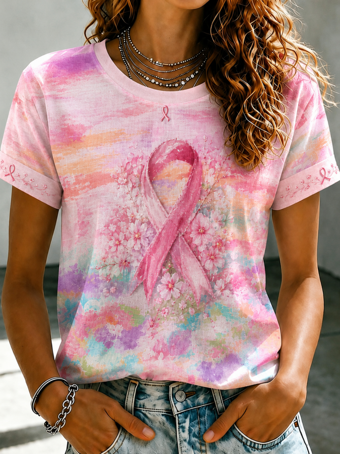 Women'S Breast Cancer Awareness  Printed Casual Short-Sleeve T-Shirt