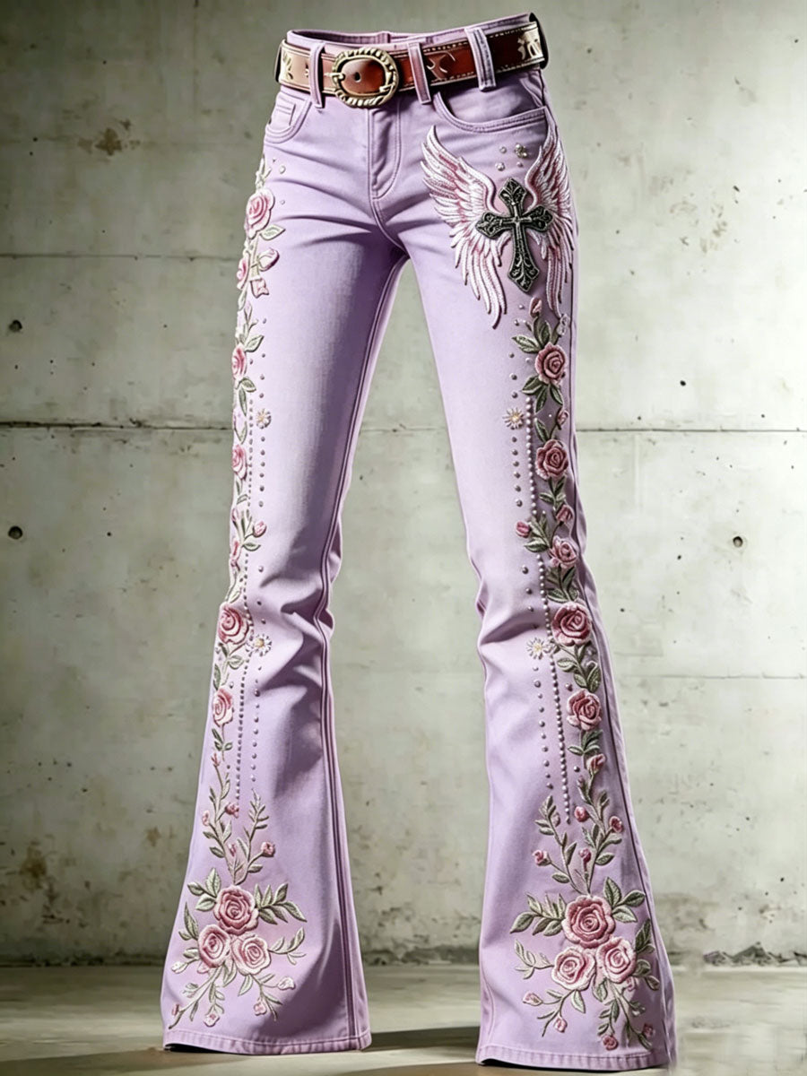 Ladies' Casual Trumpet Pants With Floral Wings And Cross Pattern