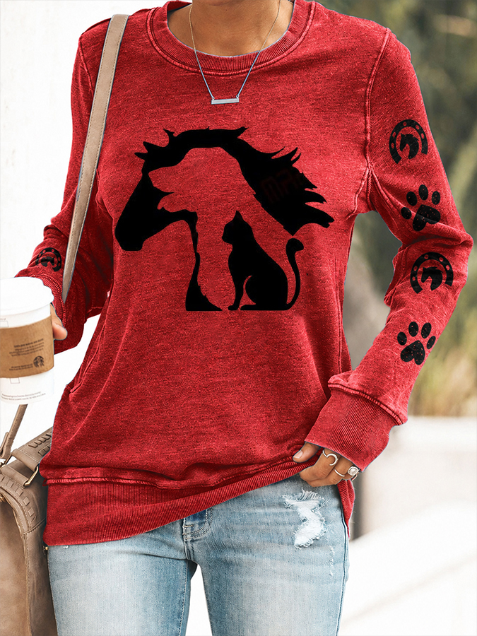 Women'S Animal Silhouette Printed Round Neck Long Sleeved Shirt