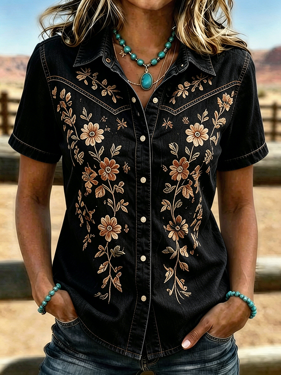 Women's Western Floral Embroidered Short Sleeve Shirt