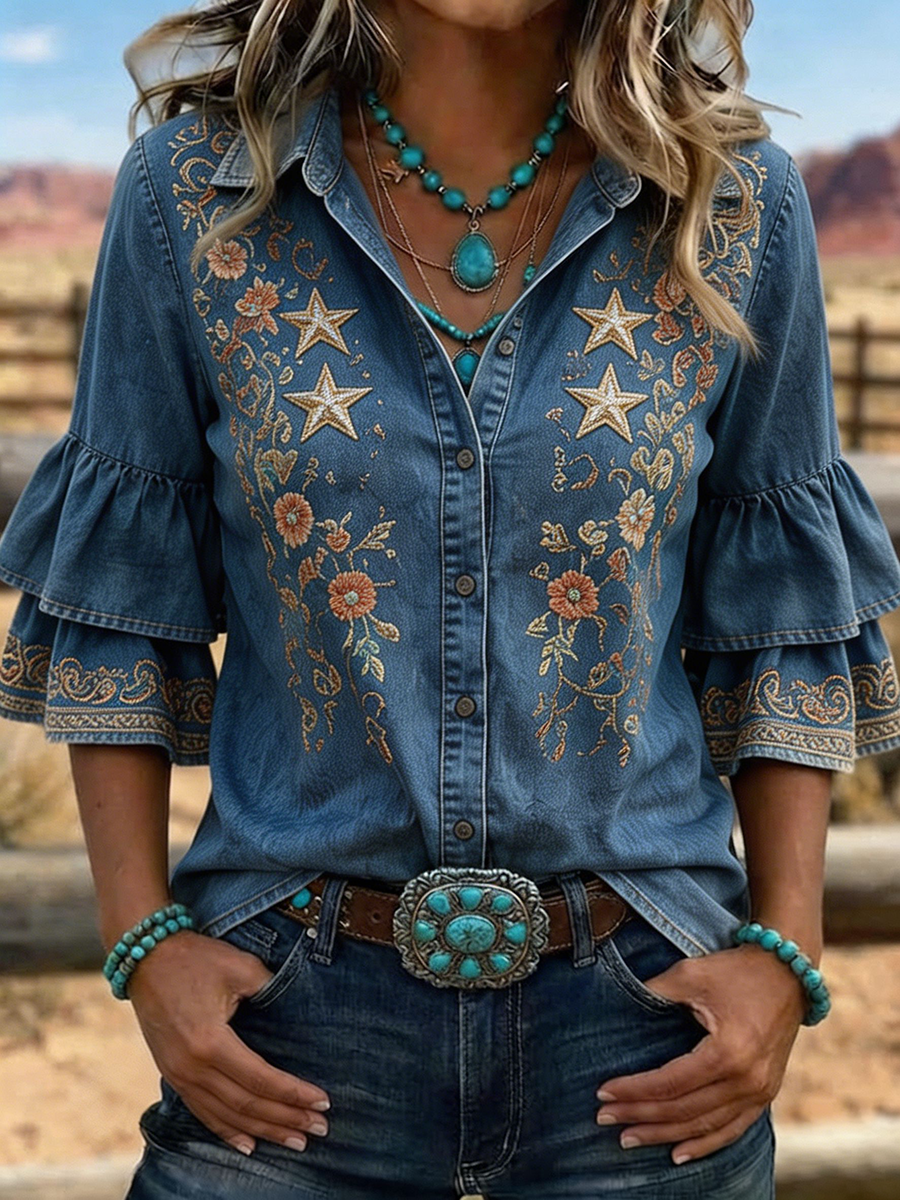 Women's Western Star Floral Embroidered Ruffle Sleeve Shirt