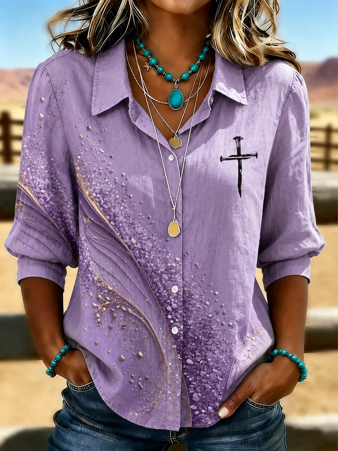 Western Style Cross Casual Bubble Sleeve Shirt