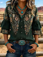 Women's Western Bull Skull Embroidered Ruffle Sleeve Shirt
