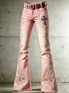 Ladies' Casual Trumpet Pants With Floral Wings And Cross Pattern