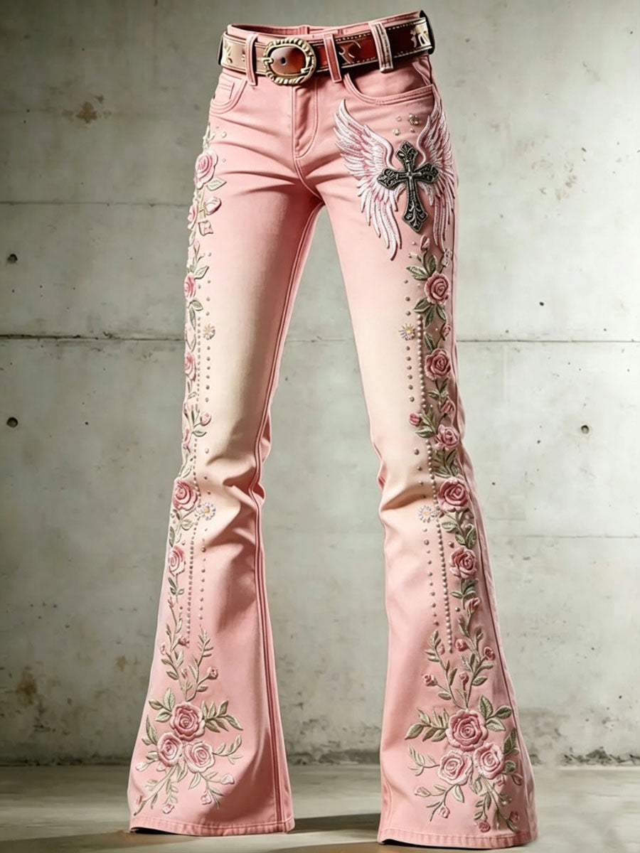 Ladies' Casual Trumpet Pants With Floral Wings And Cross Pattern