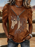 Women'S Casual Hollow-Out Western-Style Printed T-Shirt