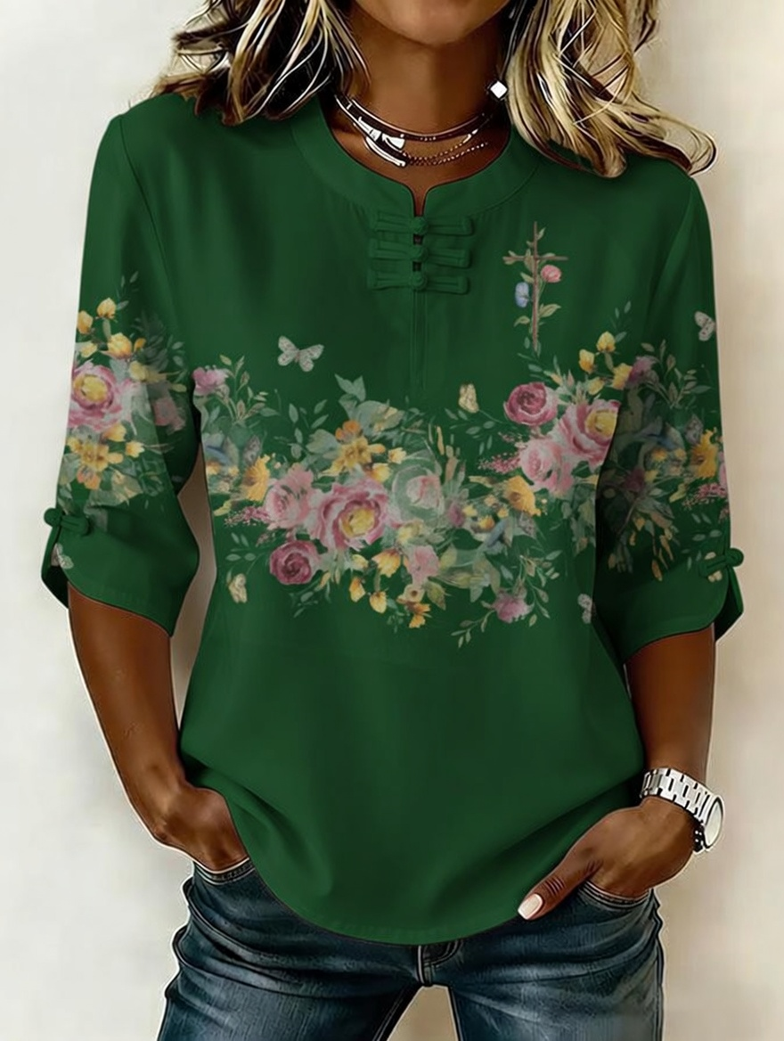 Women'S Retro Faith Flower Art Cotton And Hemp Printing Design Casual T-Shirt