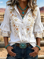 Women's Western Star Floral Embroidered Ruffle Sleeve Shirt